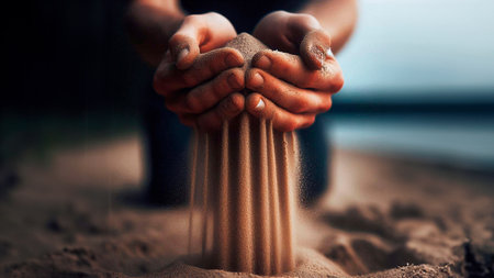 Close-up of man's hands holding sand on the beach.の素材