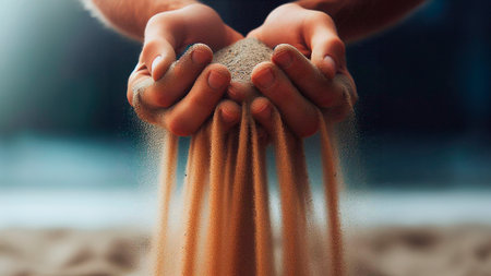 Closeup of a man's hands making sand dunes with sandの素材