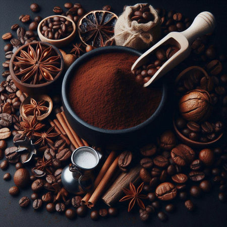 Coffee beans, cinnamon, star anise, coffee powder and spices on a black background.の素材
