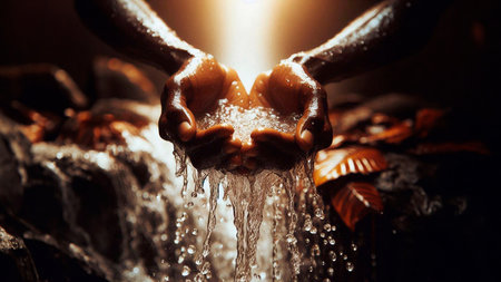 Hands of a man and a woman in the water fountain.の素材