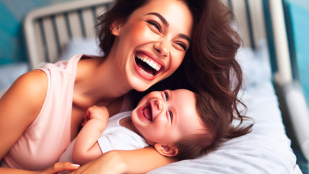 Happy mother and her adorable little daughter lying on the bed at homeの素材