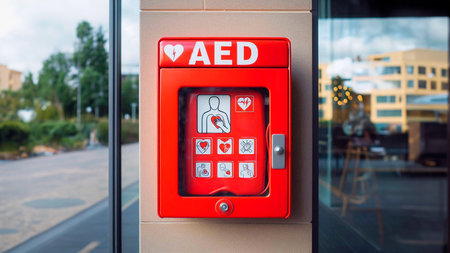 Red emergency call button in front of the entrance to a restaurant.の素材