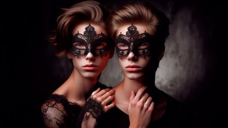 Portrait of two beautiful women in carnival masks on dark backgroundの素材