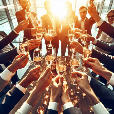 Group of business people clinking glasses with champagne at corporate party.の素材