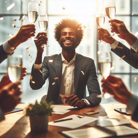 Cheers! Cheerful young African man clinking glasses with champagne while sitting at the table in officeの素材