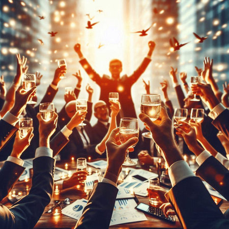 Business People Celebrating Success Concept. Group of Business People with Champagne Glasses Celebrating Success at Office.の素材