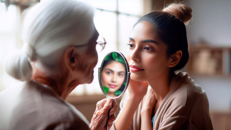 Elderly woman looking at her reflection in the mirror. Senior woman looking in the mirror.の素材