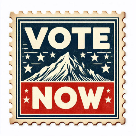 Vintage postage stamp with the image of a mountain and the inscription Vote nowの素材