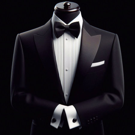 Elegant black tuxedo with bow tie on black backgroundの素材