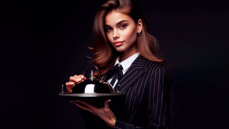Young beautiful woman with a tray of food on a black background.の素材