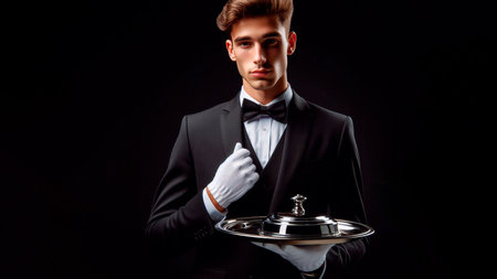 Portrait of a handsome young waiter holding a tray over black backgroundの素材