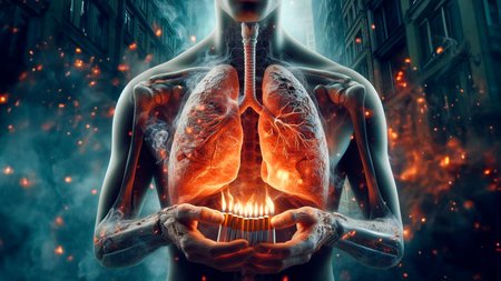Human lungs with burning candle in hands. 3D rendering. Medical background.の素材
