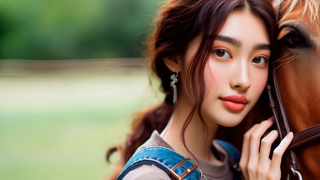 Beautiful asian girl with horse in the park, outdoor shotの素材
