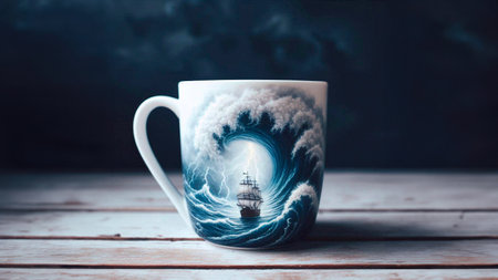 Cup of coffee with lighthouse and stormy clouds on wooden tableの素材