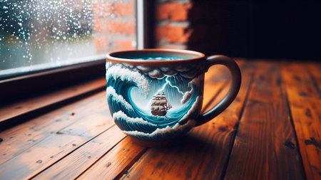 Cup of coffee on the wooden windowsill with snowflakesの素材