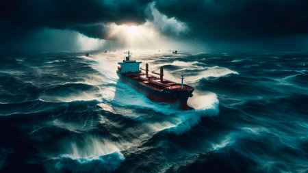Aerial view of cargo ship in stormy sea. 3D renderingの素材