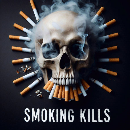 Smoking kills conceptual image with a human skull and cigarette buttsの素材