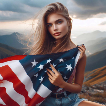 Beautiful young woman with an American flag on the background of the mountainsの素材