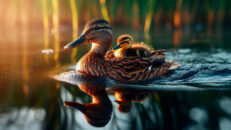 Mallard duck with ducklings on the lake at sunset.の素材