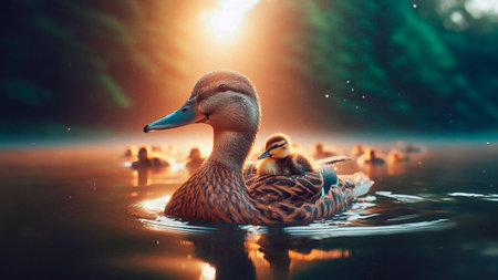 Mallard duck with ducklings swimming in the lake at sunsetの素材