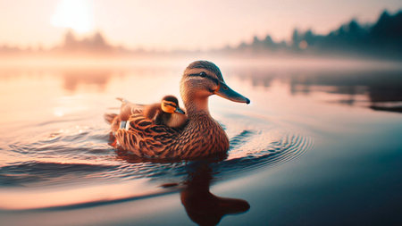 Mallard duck with her ducklings swimming on the lake at sunriseの素材