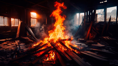Burning bonfire in the old wooden house. Fire in the old house.の素材