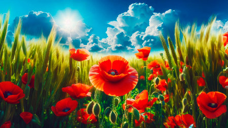 Field of poppies and blue sky with clouds. Nature backgroundの素材