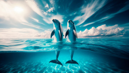 Dolphins swimming in the sea. 3d render. Conceptual imageの素材