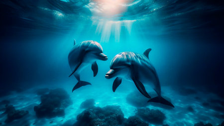 Dolphins swimming underwater in the ocean. 3D Rendering.の素材