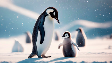 Chinstrap penguin and chick on the snow in Antarctica.の素材