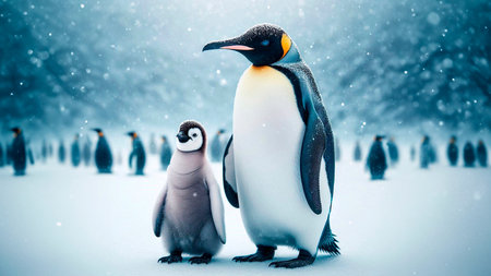 Penguins in the snow. A penguin and a baby penguin.の素材