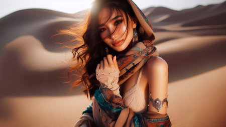 beautiful Asian woman in the desert with sand dunes.の素材