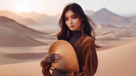 Beautiful Asian woman in the desert with sand dunes.の素材