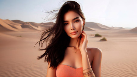 Beautiful Asian woman in the middle of the sand dunesの素材