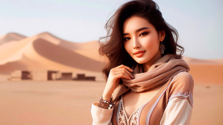 Portrait of a beautiful Asian woman in the desert with sand duneの素材