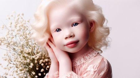 Beautiful little girl with doll face and blond hair. Studio shot.の素材