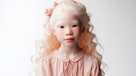 Portrait of a little girl with blond hair on a white backgroundの素材