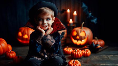Little boy in Halloween costume and hat with pumpkin on dark backgroundの素材