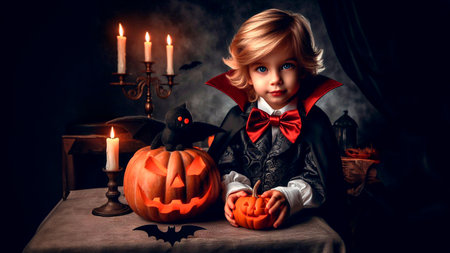 Little boy in halloween costume with pumpkin on dark background.の素材
