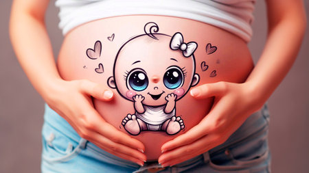 Pregnant woman holding her belly with drawing of her baby.の素材