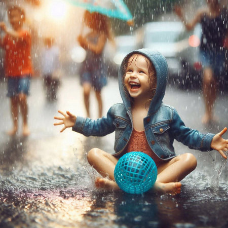 little girl playing in the rain on the street with a blue ballの素材