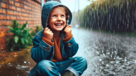 Portrait of a cute little boy having fun in the rain.の素材