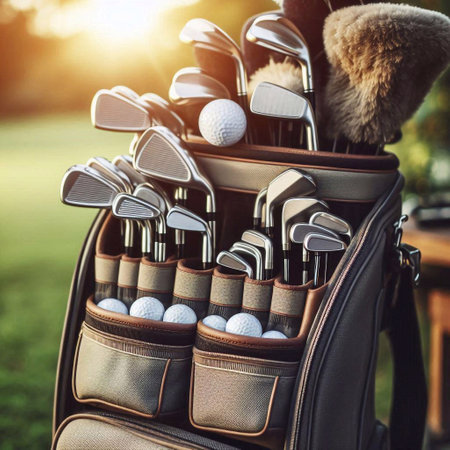 Golf clubs and golf balls in bag on golf course. Golf equipmentの素材