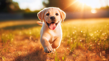 Labrador retriever puppy running in the field at sunset. Pet animals.の素材