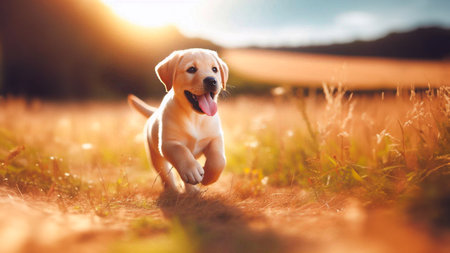 Labrador retriever puppy running in the field on a sunny dayの素材