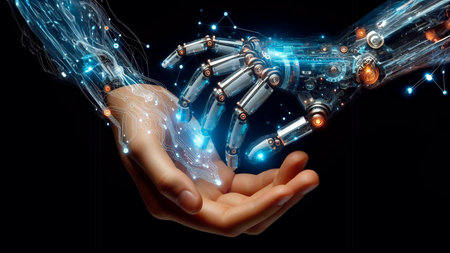 Human hand on dark background holding futuristic robot arm with glowing lights 3D renderingの素材