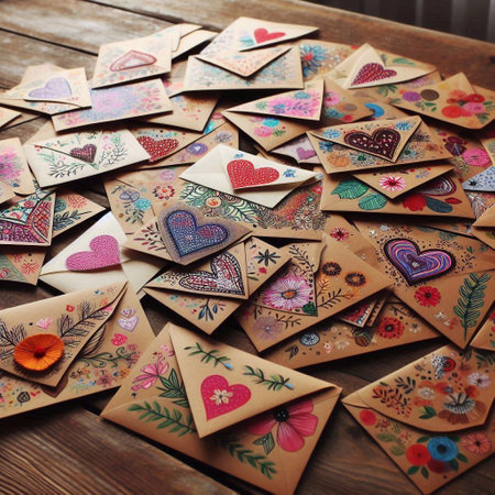 Envelopes with hearts on a wooden background. Valentine's Day.の素材