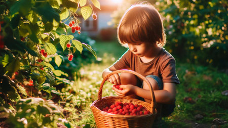 Cute little boy picking raspberries in the garden at sunsetの素材