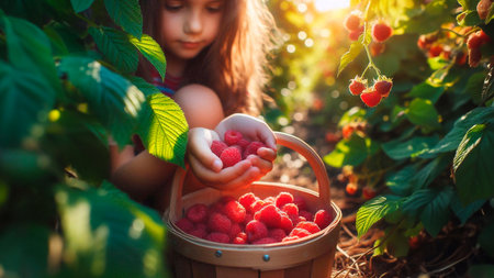 Little girl picking raspberries in the garden. Selective focus. nature.の素材
