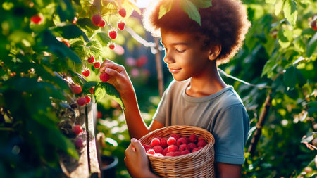 African american little boy picking fresh raspberries in the gardenの素材
